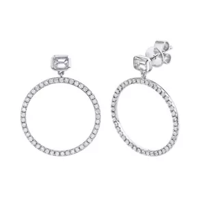 14K White Gold Emerald Cut Diamond Circle Drop Earrings 1.00 CT Natural - Picture 1 of 5