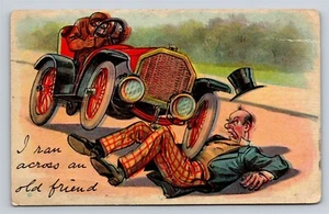 Alte Comic Postkarte Ich bin einem alten Freund überfahren Fahrer überfahren Mann mit Auto  - Bild 1 von 3
