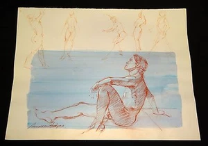 Hawaii Conte Color Wash Zeichnung Gemälde männlicher Akt von Snowden Hodges (Sho) - Bild 1 von 4