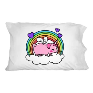 Linda funda de almohada de cama de novedad arco iris cerdo unicornio con arco iris - Imagen 1 de 3