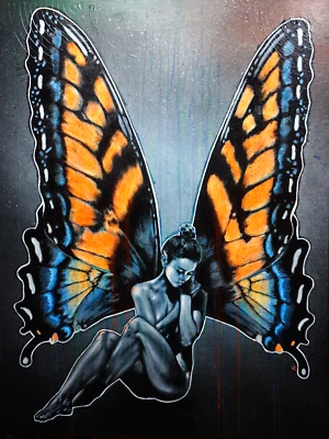 Sad Butterfly Girl Painting- Original art of fairy Woman- Blacklight Glow- 30x40 - Image 1 of 4