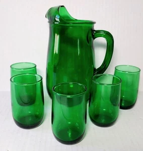 Jarra de vidrio verde bosque Anchor Hocking de colección 36 oz labio de hielo y 5 vasos de jugo - Imagen 1 de 6