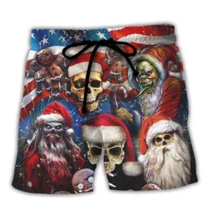 Skull Xmas Us Flag Horror Skeleton Trendy Aloha Hawaiian Beach Shorts - Picture 1 of 2