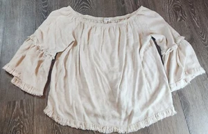 Umgee beige schulterfreies Leinen böhmisch Hippie Fransenshirt Damen Medium - Bild 1 von 7