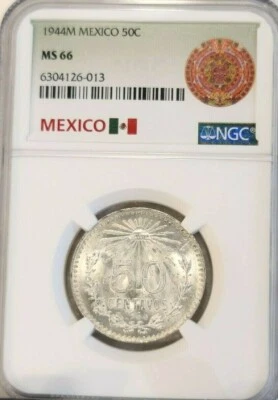 MÉXICO PLATA 50 CENTAVOS 1944 50C NGC MS 66 PQ BRILLO GEMA BRILLANTE BU Foto 1 de 4