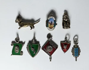 8 CHARMS MOSES-BILLIKEN-DACHSHUND DOG-FRATERNITY 800 925 SILVER Antique Vintage - Picture 1 of 15