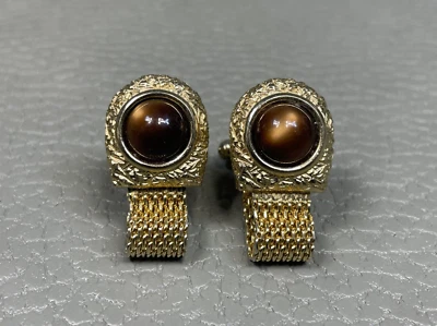 Vintage Brown Lucite Yellow Gold Plated Wrap Around Cuff Links - Image 1 of 3