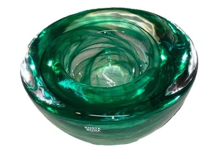 Kosta Boda Art Glass Hand Blown Heavy Votive Candle Holder Clear W Green Swirls - Picture 1 of 12
