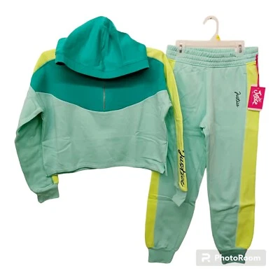 Justice Girls Jogger Set-12/14-Verde Menta-Corto 1/4 Cremallera Sudadera con Capucha Foto 1 de 4