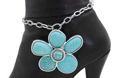 Berloque feminino prata metal corrente bota pulseira sapato azul turquesa contas flor - Imagem 1 de 4