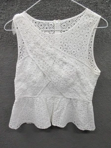 Top donna Lilly Pulitzer Diara bianco ovale fiore petalo occhiello peplo taglia 10 - Foto 1 di 17