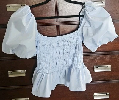 ASTR The Label Women Small Lt Blue Smocked Puffy Sleeves Blouse-That Color!!!! - Image 1 of 4