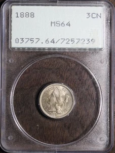 1888 (MS64) Three Cent Nickel 3CN Rattler PCGS - Flashy - Picture 1 of 4