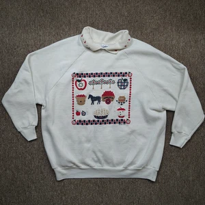 Vintage GOPHER SPORT Sweatshirt Women's 2X White Apples Graphic Collared Grandma - Picture 1 of 8