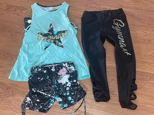 Justice Gymnast Active 3 Piece Set Shirt Shorts Leggings Pants Workout Yoga 7/8 - Picture 1 of 10