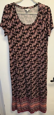J. Jill Women's Maxi Dress Medium Black Pink Orange Paisley Stretch Pockets - Image 1 of 4