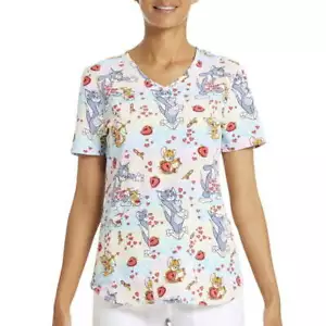 Scrubstar Scrub Top Women's Multi Tom and Jerry's Love Print V-Neck Round Hem XS - Picture 1 of 5