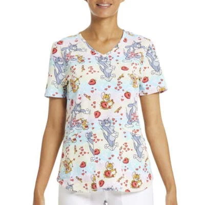 Scrubstar Scrub Top Women's Multi Tom and Jerry's Love Print V-Neck Round Hem XS - Image 1 of 4