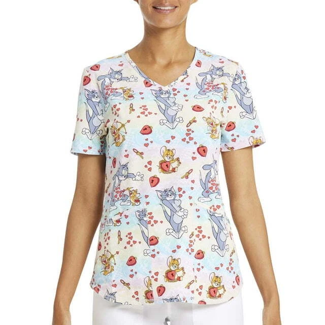 Scrubstar Scrub Top Women's Multi Tom and Jerry's Love Print V-Neck Round Hem XS - Image 1 of 4