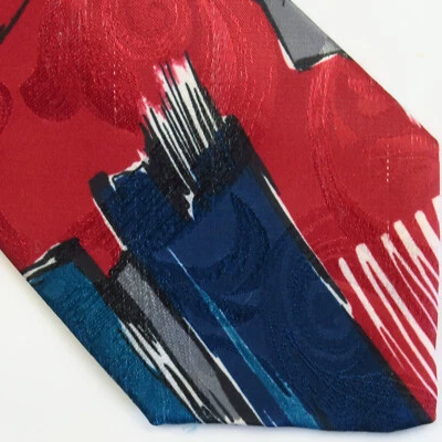 Gravata masculina Domani colorida vermelha azul abstrata pinceladas 57x3,75 artística - Imagem 1 de 4