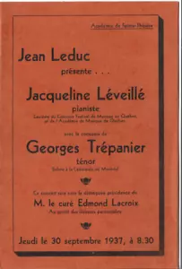 30 SEPT. 1937 PROGRAMME JACQUELINE LÉVEILLÉ PIANISTE & GEORGES TRÉPANIER TÉNOR- - Picture 1 of 1