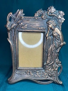 Vtg Art Nouveau Photo Frame Girl Tree Floral Ornate Cast Iron w/Copper Plating - Picture 1 of 24