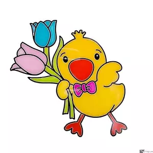 Veil Entertainment Easter Chick Holding Flowers PVC Decoration 7" Window Cling - Picture 1 of 2
