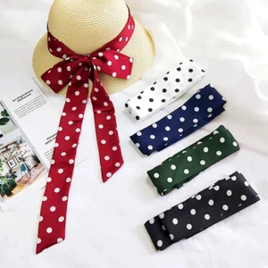 Women Narrow Polka Dot Satin Silk Scarf Long Strip Neckerchief Fashion Accessory - Picture 1 of 27