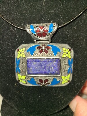 Silver Tone Floral Enamel Filigree Lapis Lazuli Rectangular Pendant Necklace - Image 1 of 4