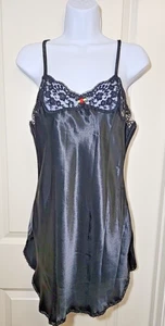 VTG 1980s Victoria's Secret Glossy Satin Nightgown Black Lace USA Made Medium - Picture 1 of 16