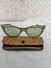 Vintage okulary przeciwsłoneczne Cat Eye Stras zielone soczewki wyprodukowane we Francji Lolaire z lat 50. etui