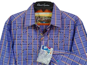 Robert Graham purple checks embroidered Stamps flip cuff Mens Shirt M Medium New - Picture 1 of 14