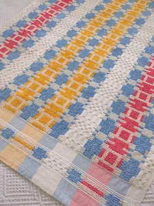 Vintage Towel Yellow Blue Red Geometric Striped Cotton Bath Sheet Beach 60s 70s - Picture 1 of 19