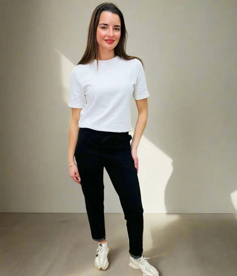 Joggers Women Cotton Rich Dark Denim Stretch Straight Leg Elastic Waist Trousers - Image 1 of 4