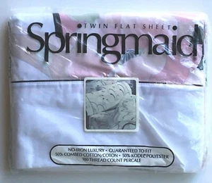 New Springmaid Twin Flat Sheet Anastasia Pink Green Floral Swirl Vintage 80s USA - Foto 1 di 9