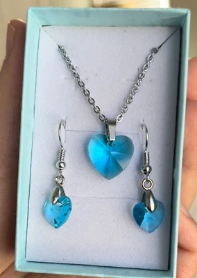 March Birthstone Necklace Earrings Made With Swarovski ￼Crystal Heart Jewelry - Image 1 of 3