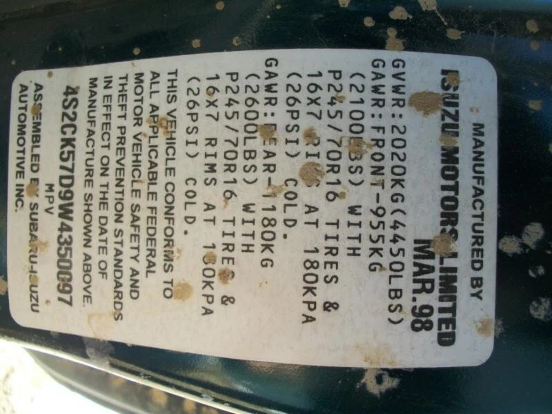 Used Speedometer Gauge fits: 1998 Isuzu AMIGO cluster 2.2L 4 cylinder VIN D 8th - Image 1 of 4