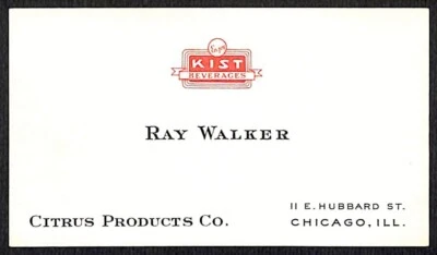 Tarjeta de visita Kist Beverages Ray Walker Citrus Products década de 1950 Soda Chicago Foto 1 de 2