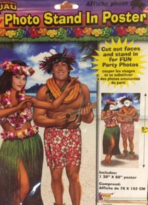 FIESTA LUAU HAWAIANA STAND EN CARTEL escena tropical playa músico de hula - Imagen 1 de 2