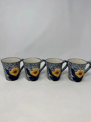 4 Temp-tations by Tara Old World Flower Mugs Cup Yellow Flower Blue Design VHTF - Image 1 of 4