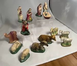 Vtg Nativity Paper Mache 14 Piece Unmarked Needs Repairs Chipped Paint - Picture 1 of 23