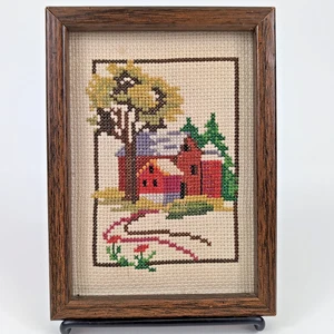 Vintage 70er gezählter Kreuzstich fertig gerahmt rot Scheune Silo Bauernhof Landhaus - Bild 1 von 10