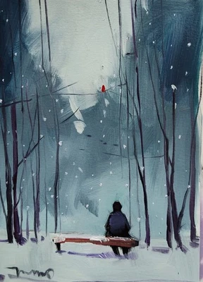 Коллекционная рождественская зимняя скамья для снежного человека Jose Trujillo изобразительное искусство 16x20 дюймов - Изображение 1 из 4