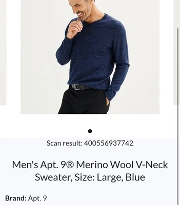 Apt 9 Merino Wool V Neck Sweater Size Large Blue Mens New - Image 1 of 4