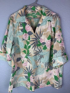 Vintage Teddi Shirt Damen Large Beige Grün Rosa Blumenmuster Hawaii 90er Top - Bild 1 von 7