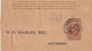 GB to Belgium LIVERPOOL Hooded Cancel QV 1/2d Wrapper 1892 - Picture 1 of 1