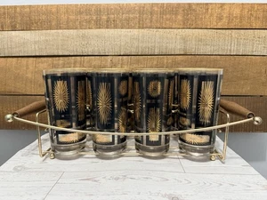 Vintage Jeanette Gold & Schwarz Starburst Longdrinkgläser mit Caddy & Box - Bild 1 von 11