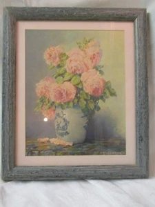 Vintage Art Print pink Roses in Blue Delft Vase signed M. Streckenbach - Picture 1 of 6
