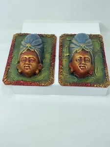 African Tribal Colorful Woman Wall Art Hangers Plaques  5" x 7" Vintage Pair - Picture 1 of 8