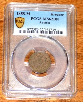 1858-M Austria 1 ONE Kreuzer Uncirculated PCGS MS62 BN Austrian Certified Coin - Image 1 of 4